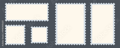 Set of postage stamps set. Post stamp frames and borders. Rectangle, square template for mail, postcard, letter, note. Vector zigzag objects for badge, sticker, photo. Vector illustration