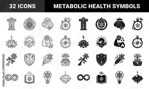 Hybrid cold therapy and metabolic health symbols featuring snowflake integrations with brain anatomy muscle anatomy and organic elements in dual stroke and solid styles