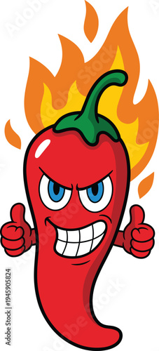 Angry spicy chili pepper mascot with flames giving thumbs up, fiery hot food character cartoon illustration for spice branding, restaurant logos, heat challenge marketing design
