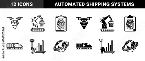 Logistics and Supply Chain Automation Icons Featuring Drone Delivery Pin Robotic Arm QR Code Fingerprint Clipboard and Global Trade Symbols