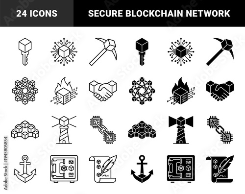 Blockchain Technology and Digital Asset Management Icons Featuring Isometric Cube Hybrids with Secure Network Elements and Cryptography Symbols