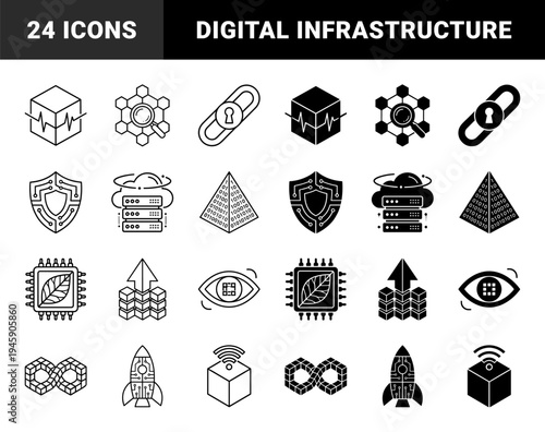 Hybrid Data Security and Infrastructure Icons Featuring Geometric Cubes Integrated with Encryption Links Cloud Computing and Neural Circuits