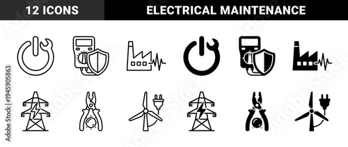 Electrical maintenance and power generation icons featuring hybrid designs of tools merged with energy symbols and industrial utility equipment