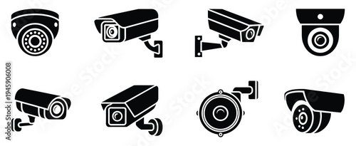 Surveillance camera icons, showing different types of security equipment for monitoring homes, offices, and public areas, perfect for vector design in security systems, apps, and urban safety 