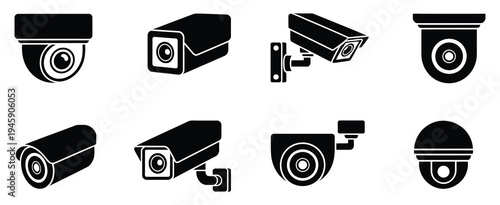 security camera icon set, featuring multiple surveillance camera designs for indoor, outdoor, and street monitoring, suitable for safety dashboards, security apps, and building protection 