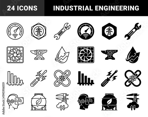 Industrial heavy machinery and digital manufacturing hybrid icons featuring anvil with microchip power grid hex and binary code engine piston