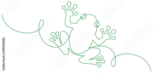 Vector illustration of a frog perched on the edge of a pond for frog day in line art style.