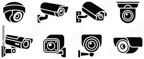 Security camera icons, depicting various types of surveillance equipment for monitoring and protection in buildings, streets, and public spaces, vector illustrations ideal for security systems, apps, 