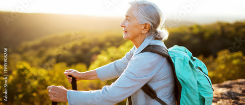 Senior woman resting with trekking poles on mountain at sunset