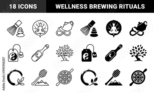 Zen Tea Culture and Wellness Symbols Featuring Hybrid Matcha Whisk Stones Lotus Leaf Meditator and Infinite Teapot Designs in Dual Linear and Solid Styles