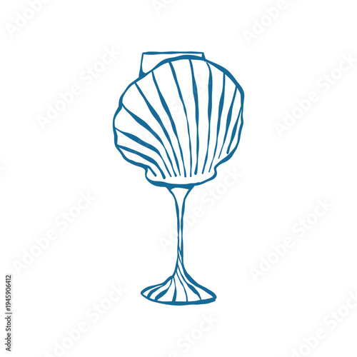 Outline illustration of a wine glass shaped like a seashell. Vintage-style clipart in blue. Vector illustration for weddings, birthdays, and parties with a nautical theme. Coastal clip art.