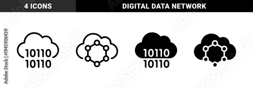 Hybrid cloud computing and digital data storage icons featuring binary code integrated with server network and document file symbols
