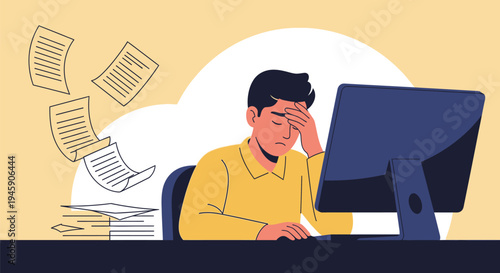 Stressed man overwhelmed with paperwork and computer tasks