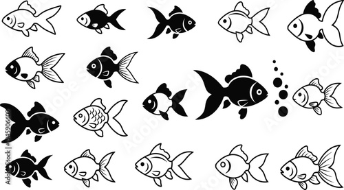 Goldfish icon collection with aquarium fish silhouettes and line designs, decorative aquatic animal symbols vector illustration set