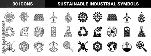 Ecological hybrid symbols merging nature and technology featuring tree gears solar leaves wind turbine wheat and flower factory chimneys in outline and solid styles