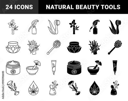 Natural Skincare and Organic Beauty Icons Featuring Hybrid Designs of Botanical Extracts and Cosmetic Tools in Line and Solid Styles