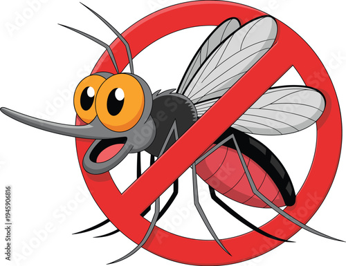 Cartoon mosquito with prohibition sign representing mosquito control, dengue and malaria prevention, pest warning symbol for public health campaigns, hygiene education, and insect control concept.