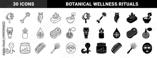 Mystical Holistic Wellness and Beauty Iconography Featuring Hybrid Organic Elements Like Leafy Mirrors Floral Rollers and Celestial Moon Jars