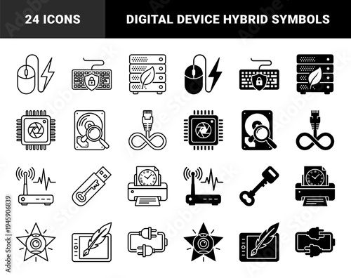 Hybrid computer hardware and data security icons featuring merged concepts like server leaves, encrypted keyboards, and router signal waves in dual styles