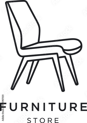 Minimalist black and white line art logo design featuring a modern accent chair above the words furniture store