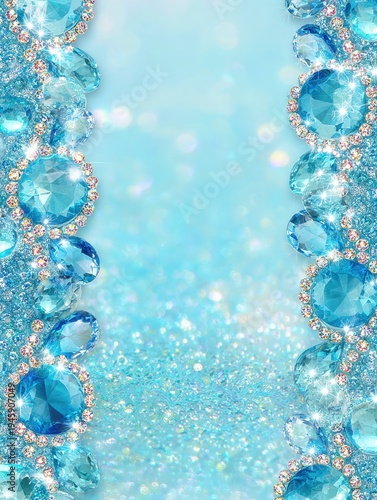 Luxurious turquoise gemstone border with sparkling diamonds and glittering background