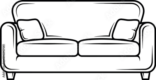 Simple black and white line art icon depicting a comfortable two-seater sofa with plump cushions suitable for modern interior design.