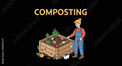 Man Composting in Wooden Bin.