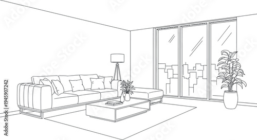 Outline illustration of a contemporary minimalist living room interior, featuring a comfortable sofa, coffee table, floor lamp, and green plant, overlooking a city skyline.