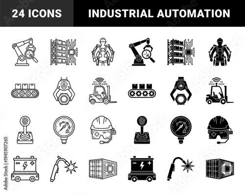 Smart logistics and industrial automation icons featuring hybrid designs of robotic arms with magnifying glasses and warehouse shelves with circuit boards