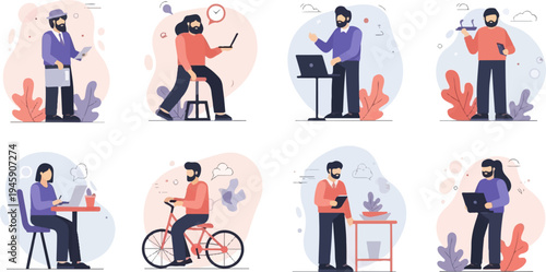 Diverse individuals engaged in modern work and leisure activities with technology