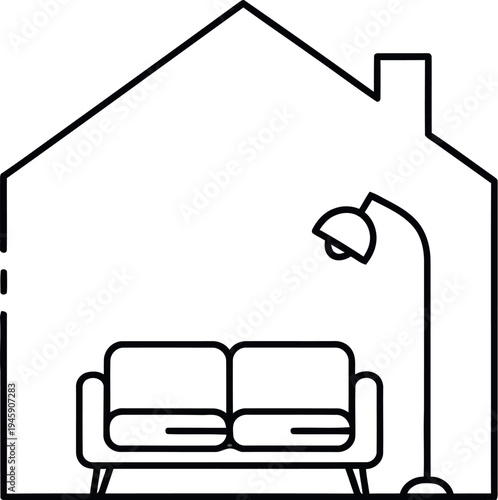 Minimalist line art icon depicting a cozy living room scene contained within the simple outline of a house structure