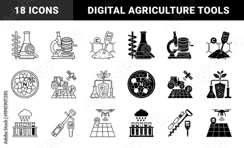 Digital agriculture and precision soil science icons featuring hybrid designs of laboratory equipment merged with farming tools and satellite data