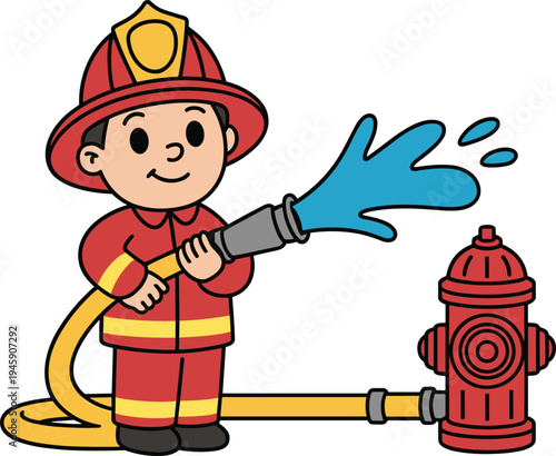Cartoon firefighter character spraying water from hose connected to hydrant, cute emergency rescue mascot illustration for fire safety education, kids awareness, firefighting concept