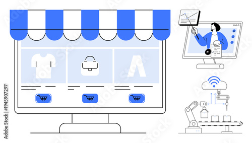 E-commerce illustration. E-commerce highlights online shopping through digital storefronts, automation and efficient processes. E-commerce facilitates seamless transactions for retail, tech, and AI