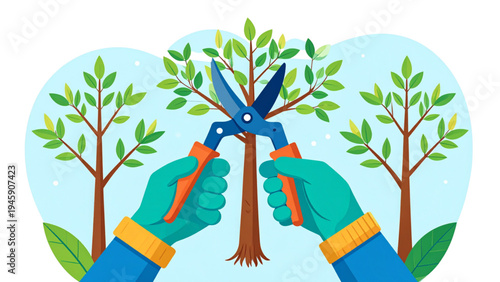 Vector Set of Hands with Gardening Tools Trimming Tree Stems, Agriculture and Horticulture Illustration, Secateurs and Scissors in Action