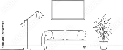 A stylish line art vector illustration depicting a modern minimalist living room interior design featuring a comfortable sofa, elegant floor lamp, and a green potted plant.