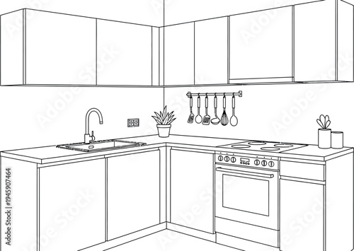 Modern L shaped kitchen interior design outline featuring cabinets sink stove and hanging utensils for coloring