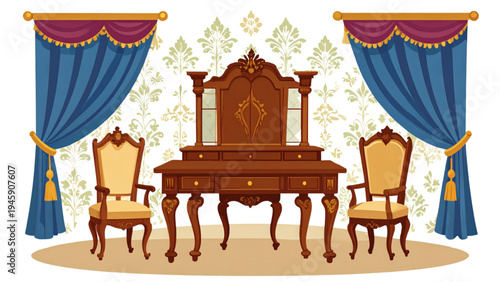 Vector Set of Victorian Apartment Furnishing Featuring Antique Desk, Wooden Chairs, Painting, Velvet Drapes and Elegant Classic Interior Design