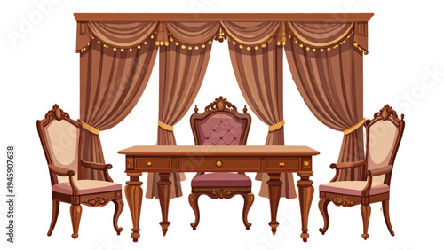 Vector Set of Victorian Apartment Furnishing Featuring Antique Desk, Wooden Chairs, Painting, Velvet Drapes and Elegant Classic Interior Design