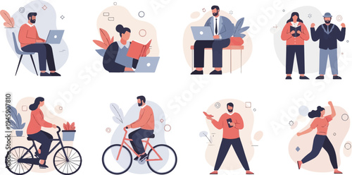 Diverse individuals engaged in various daily activities, work, and leisure