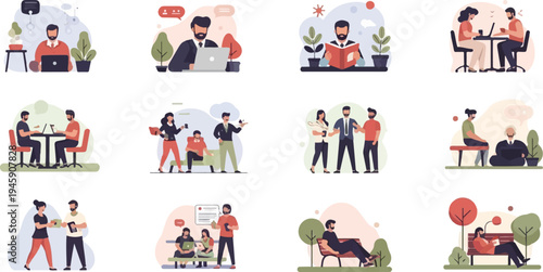 Diverse individuals engaged in various activities like work, reading, and leisure