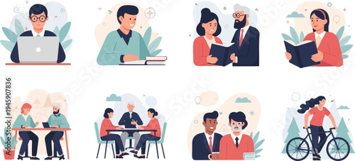 Diverse individuals engaged in various activities like working, reading, and cycling