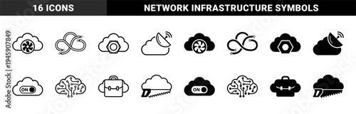 Hybrid cloud computing icons merging storage symbols with industrial hardware fan fiber optic cable satellite dish circuit brain and hand saw