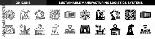 Industrial Smart Infrastructure Icons Featuring Hybrid Symbols of Renewable Energy Wind Turbines Hydroelectric Dams and Logistics Automation