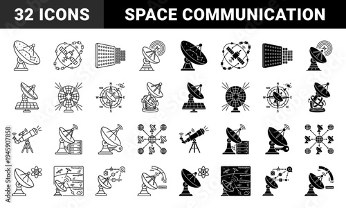 Satellite dish hybrid icons merging parabolic antennas with celestial constellations solar panels compass navigation data servers and atmospheric layers