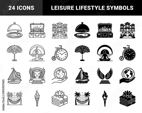 Hybrid luxury travel and wellness icons merging lifestyle elements like clock bicycles globe hands and tropical palm hammock symbols