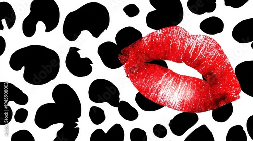Bold red lipstick kiss on a high contrast leopard print background
