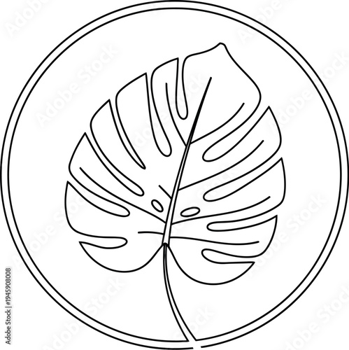 Minimalist black line art icon featuring a stylized monstera deliciosa leaf centered within a double circular frame outline