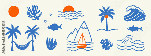 Hand-drawn boho summer icon set.Doodle naive coastal elements:sun, coral, sunset,palm trees,hammock,fish,mountains, sailboat, oconuts,curling ocean waves.Retro tropical summer beach label,surf prints