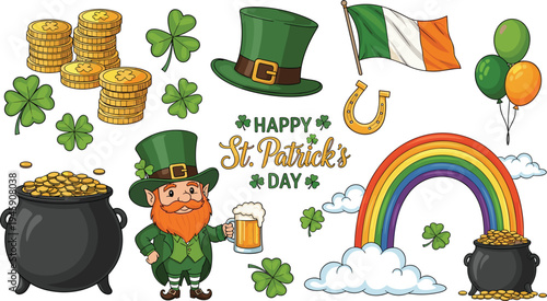 Happy St Patricks Day Collection with Leprechaun, Rainbow, Clover, and Gold Coins Illustration